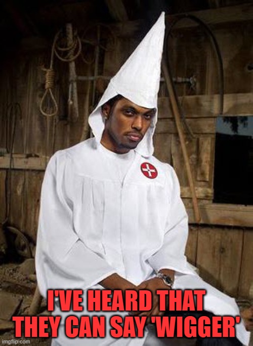black Klansman | I'VE HEARD THAT THEY CAN SAY 'WIGGER' | image tagged in black klansman | made w/ Imgflip meme maker