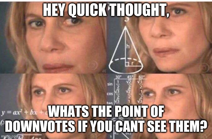 Math lady/Confused lady | HEY QUICK THOUGHT, WHAT'S THE POINT OF DOWNVOTES IF YOU CAN'T SEE THEM? | image tagged in math lady/confused lady | made w/ Imgflip meme maker
