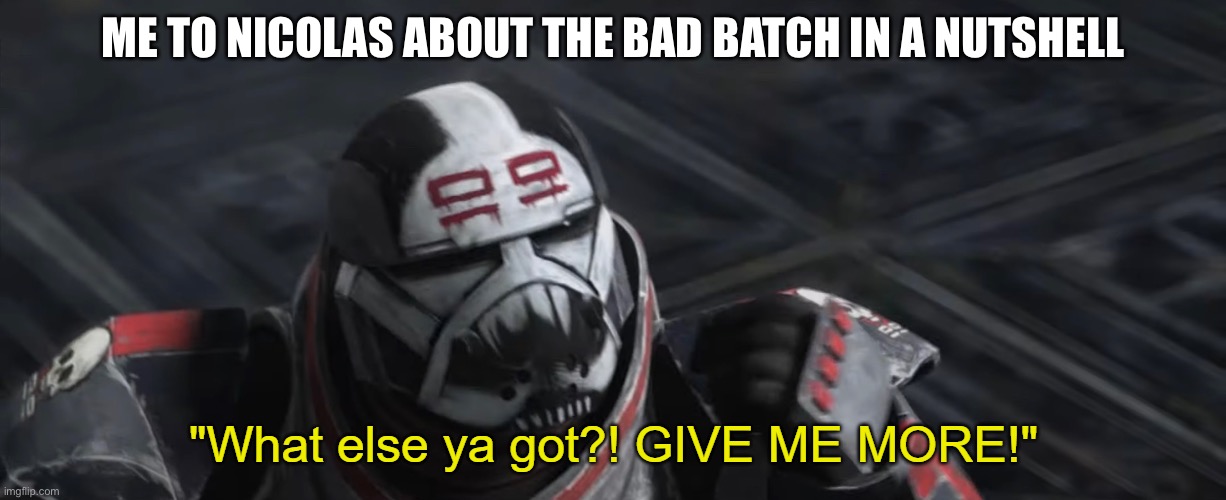 What else ya got?! GIVE ME MORE! | ME TO NICOLAS ABOUT THE BAD BATCH IN A NUTSHELL | image tagged in what else ya got give me more | made w/ Imgflip meme maker
