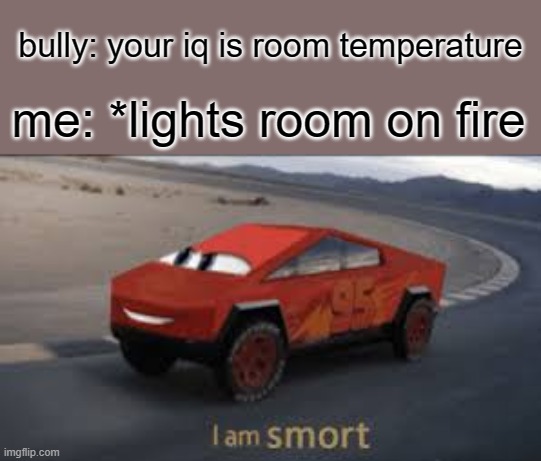 room on fire aaaaaa |  bully: your iq is room temperature; me: *lights room on fire | image tagged in i am smort | made w/ Imgflip meme maker