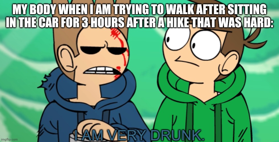 Oop time for physical unstableness | MY BODY WHEN I AM TRYING TO WALK AFTER SITTING IN THE CAR FOR 3 HOURS AFTER A HIKE THAT WAS HARD: | image tagged in i am very drunk | made w/ Imgflip meme maker