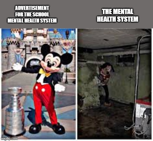 mickey mouse in disneyland | THE MENTAL HEALTH SYSTEM; ADVERTISEMENT FOR THE SCHOOL MENTAL HEALTH SYSTEM | image tagged in mickey mouse in disneyland | made w/ Imgflip meme maker