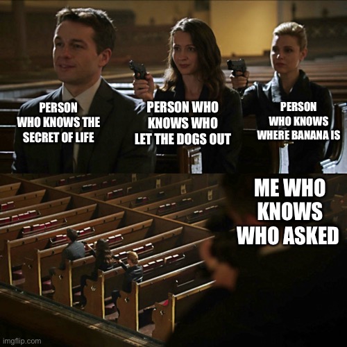 Idk a good title | PERSON WHO KNOWS THE SECRET OF LIFE; PERSON WHO KNOWS WHO LET THE DOGS OUT; PERSON WHO KNOWS WHERE BANANA IS; ME WHO KNOWS WHO ASKED | image tagged in assassination chain | made w/ Imgflip meme maker