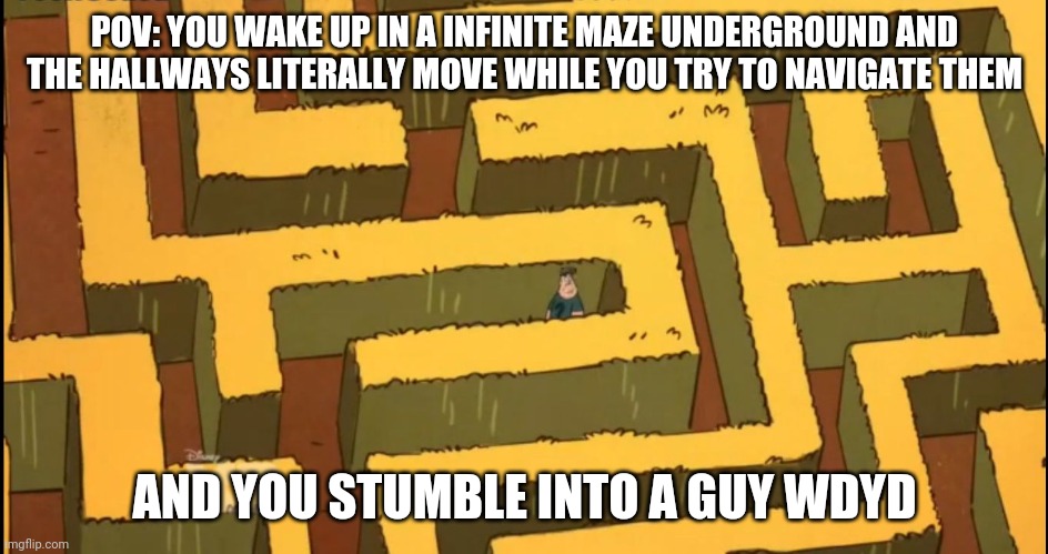 Lost in a Corn Maze | POV: YOU WAKE UP IN A INFINITE MAZE UNDERGROUND AND THE HALLWAYS LITERALLY MOVE WHILE YOU TRY TO NAVIGATE THEM; AND YOU STUMBLE INTO A GUY WDYD | image tagged in lost in a corn maze | made w/ Imgflip meme maker