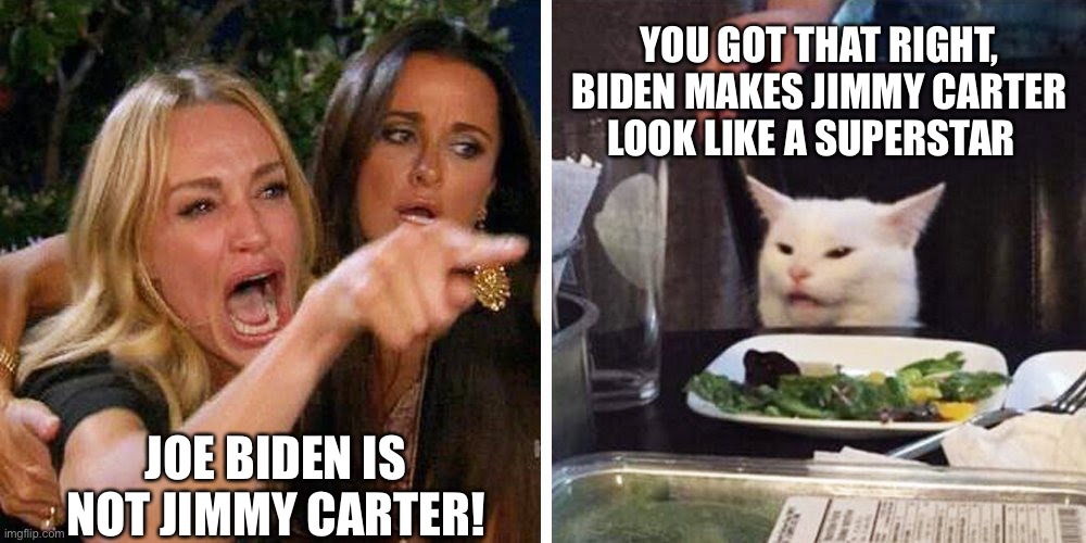 Joe Biden isn’t Jimmy Carter | YOU GOT THAT RIGHT, BIDEN MAKES JIMMY CARTER LOOK LIKE A SUPERSTAR; JOE BIDEN IS NOT JIMMY CARTER! | image tagged in smudge the cat,biden,jimmy carter | made w/ Imgflip meme maker