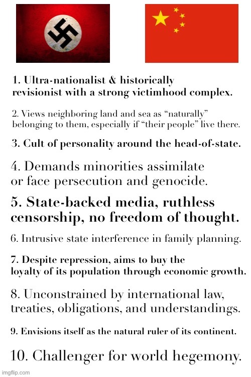 10 reasons why the PROC is the Nazi threat of our times. | image tagged in china vs nazi germany,nazi,china,historical meme,comparison,threat to our national secuirty | made w/ Imgflip meme maker