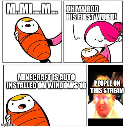 OOOOOOOOOHHHHHHHHHH | M..MI....M... MINECRAFT IS AUTO INSTALLED ON WINDOWS 10; PEOPLE ON THIS STREAM | image tagged in omg his first word | made w/ Imgflip meme maker