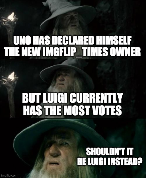 Uno I don't think that's how democracy works | UNO HAS DECLARED HIMSELF THE NEW IMGFLIP_TIMES OWNER; BUT LUIGI CURRENTLY HAS THE MOST VOTES; SHOULDN'T IT BE LUIGI INSTEAD? | image tagged in memes,confused gandalf,politics | made w/ Imgflip meme maker