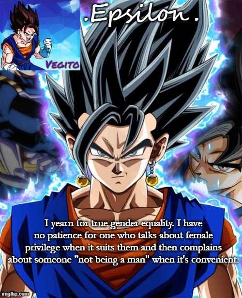 I yearn for true gender equality. I have no patience for one who talks about female privilege when it suits them and then complains about someone "not being a man" when it's convenient. | made w/ Imgflip meme maker