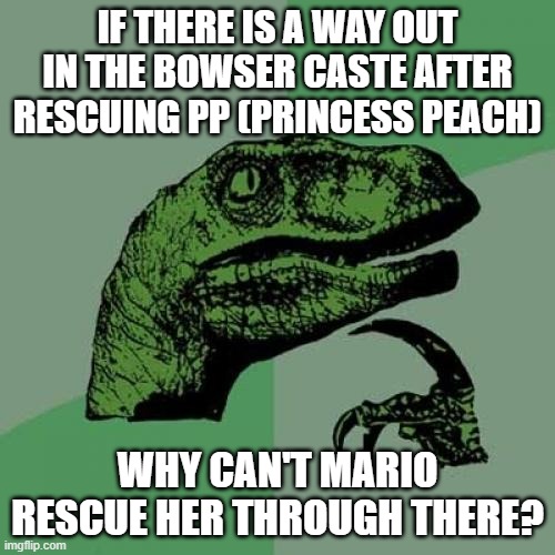 pp (mod note: you said pp lol) | IF THERE IS A WAY OUT IN THE BOWSER CASTE AFTER RESCUING PP (PRINCESS PEACH); WHY CAN'T MARIO RESCUE HER THROUGH THERE? | image tagged in memes,philosoraptor | made w/ Imgflip meme maker