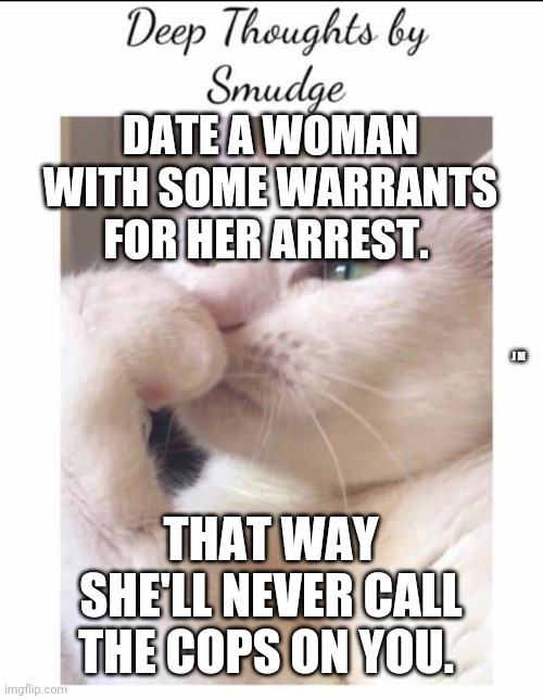 Smudge | DATE A WOMAN WITH SOME WARRANTS FOR HER ARREST. J M; THAT WAY SHE'LL NEVER CALL THE COPS ON YOU. | image tagged in smudge | made w/ Imgflip meme maker