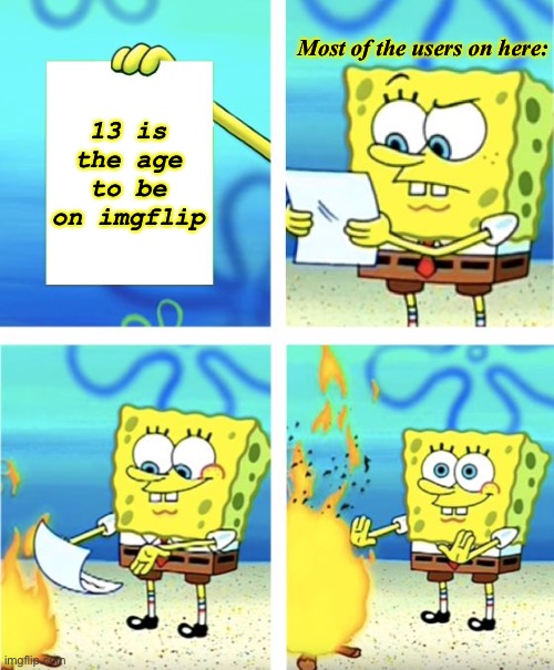 . | Most of the users on here:; 13 is the age to be on imgflip | image tagged in spongebob burning paper | made w/ Imgflip meme maker