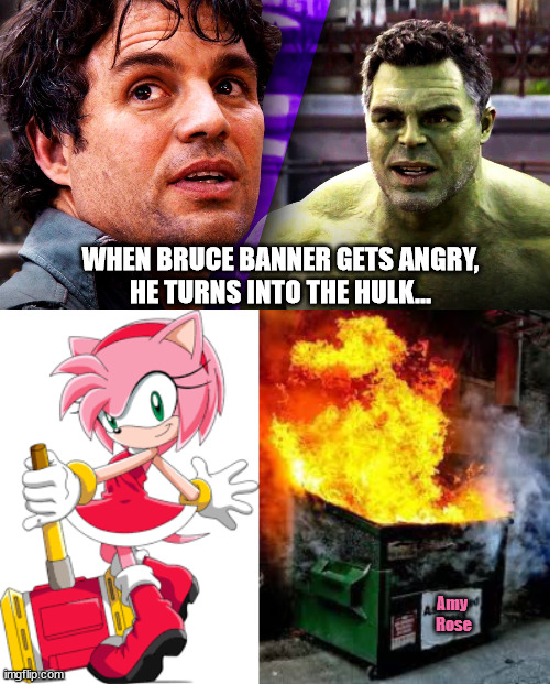 Hulk Amy | WHEN BRUCE BANNER GETS ANGRY, 
HE TURNS INTO THE HULK... Amy 
Rose | image tagged in amy rose,sonic the hedgehog,sonic x,sonic derp,bruce banner,the hulk | made w/ Imgflip meme maker