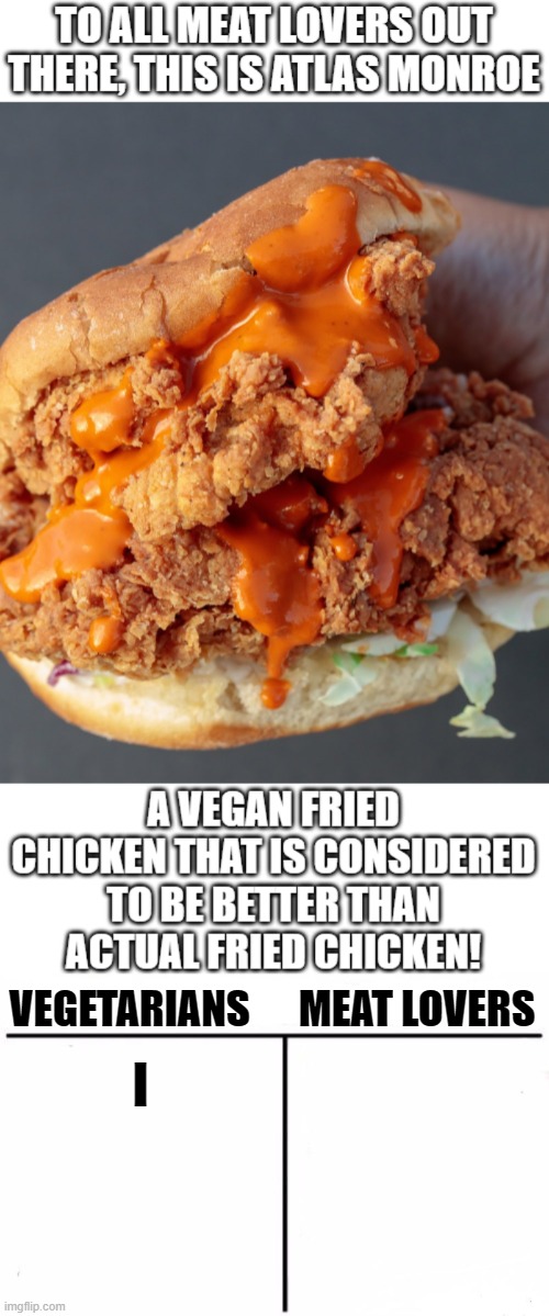 I'd very much like to try that | VEGETARIANS      MEAT LOVERS; I | image tagged in who would win blank,atlas monroe,vegan,vegetarian,fried chicken | made w/ Imgflip meme maker