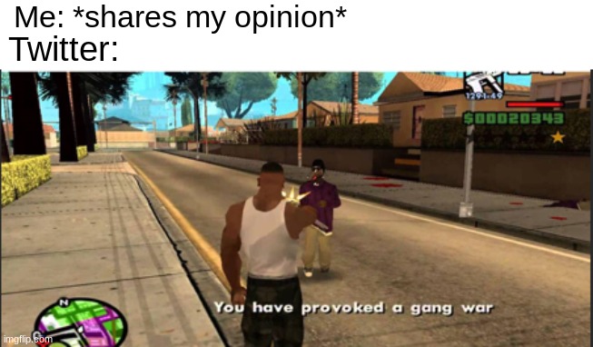 You have provoked a gang war | Me: *shares my opinion*; Twitter: | image tagged in you have provoked a gang war,funny,memes,funny memes,twitter,opinion | made w/ Imgflip meme maker