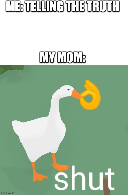 Shut the goose now | ME: TELLING THE TRUTH; MY MOM: | image tagged in shut the goose now | made w/ Imgflip meme maker