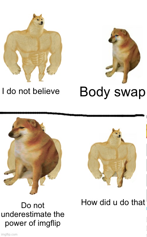 Th power of Imgflip |  I do not believe; Body swap; How did u do that; Do not underestimate the power of imgflip | image tagged in memes,buff doge vs cheems | made w/ Imgflip meme maker