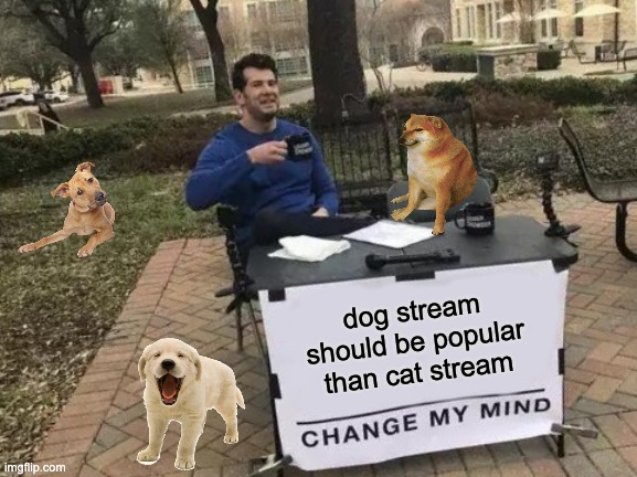 dogs are cuter | dog stream should be popular than cat stream | image tagged in memes,change my mind | made w/ Imgflip meme maker