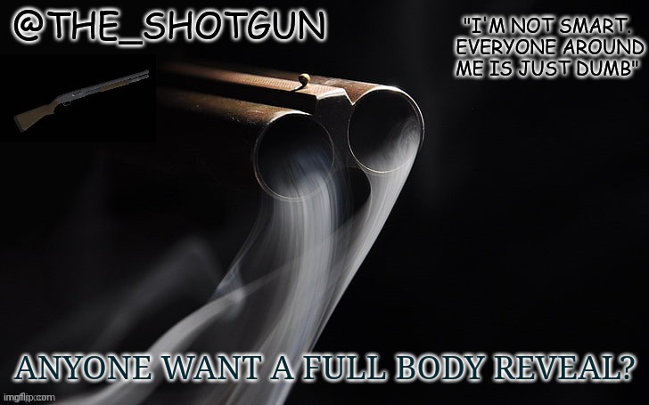 Yet another temp for shotgun | ANYONE WANT A FULL BODY REVEAL? | image tagged in yet another temp for shotgun | made w/ Imgflip meme maker