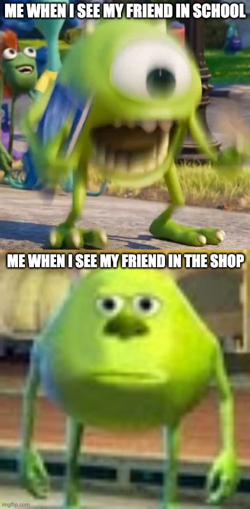 i am talkin before pandemic | ME WHEN I SEE MY FRIEND IN SCHOOL; ME WHEN I SEE MY FRIEND IN THE SHOP | image tagged in mike wazowski,sully wazowski | made w/ Imgflip meme maker