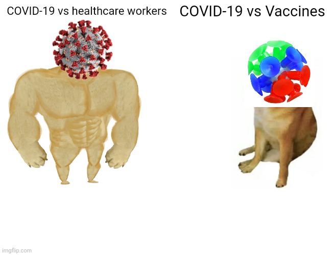 æ | COVID-19 vs Vaccines; COVID-19 vs healthcare workers | image tagged in memes,buff doge vs cheems,covid-19,coronavirus,healthcare workers,vaccines | made w/ Imgflip meme maker