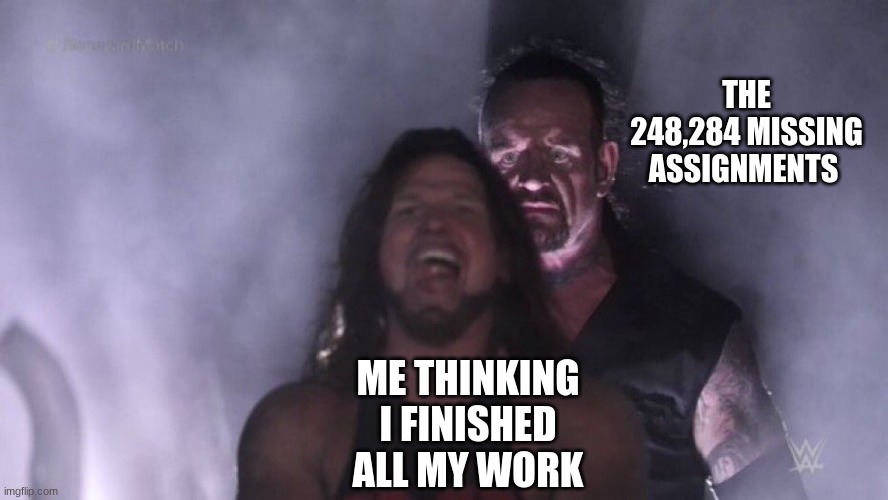 Missing assignments | THE 248,284 MISSING ASSIGNMENTS; ME THINKING I FINISHED ALL MY WORK | image tagged in aj styles undertaker | made w/ Imgflip meme maker