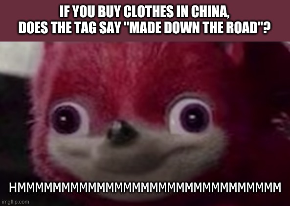 My new template. HMMMM |  IF YOU BUY CLOTHES IN CHINA, DOES THE TAG SAY "MADE DOWN THE ROAD"? HMMMMMMMMMMMMMMMMMMMMMMMMMMMMMM | image tagged in hmmm sonic template,confused | made w/ Imgflip meme maker