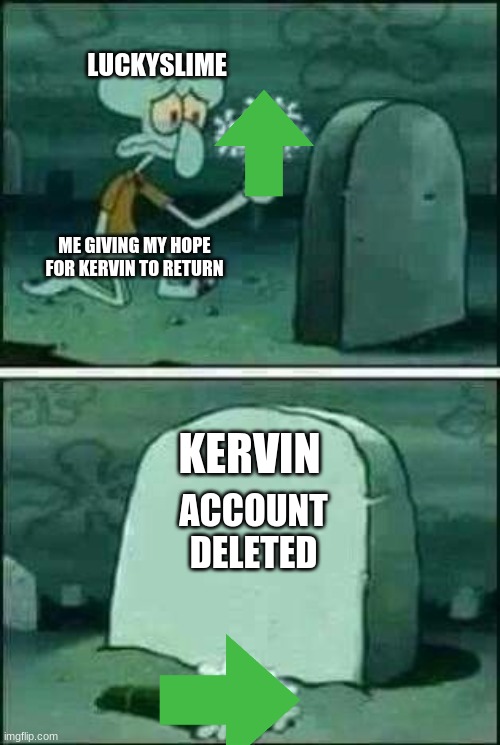 i still cant get over kervin account deleted | LUCKYSLIME; ME GIVING MY HOPE FOR KERVIN TO RETURN; KERVIN; ACCOUNT DELETED | image tagged in grave spongebob | made w/ Imgflip meme maker