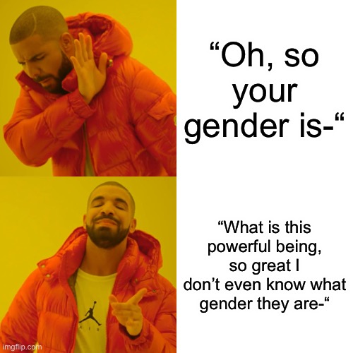 Drake Hotline Bling Meme | “Oh, so your gender is-“; “What is this powerful being, so great I don’t even know what gender they are-“ | image tagged in memes,drake hotline bling | made w/ Imgflip meme maker