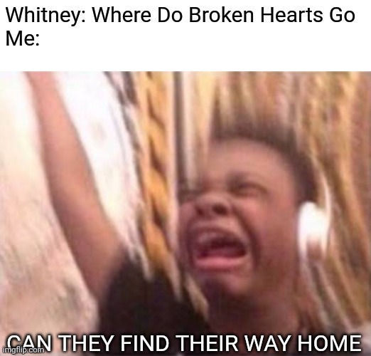 Whitney is life | Whitney: Where Do Broken Hearts Go
Me:; CAN THEY FIND THEIR WAY HOME | image tagged in whitney houston,music,turn up the volume | made w/ Imgflip meme maker