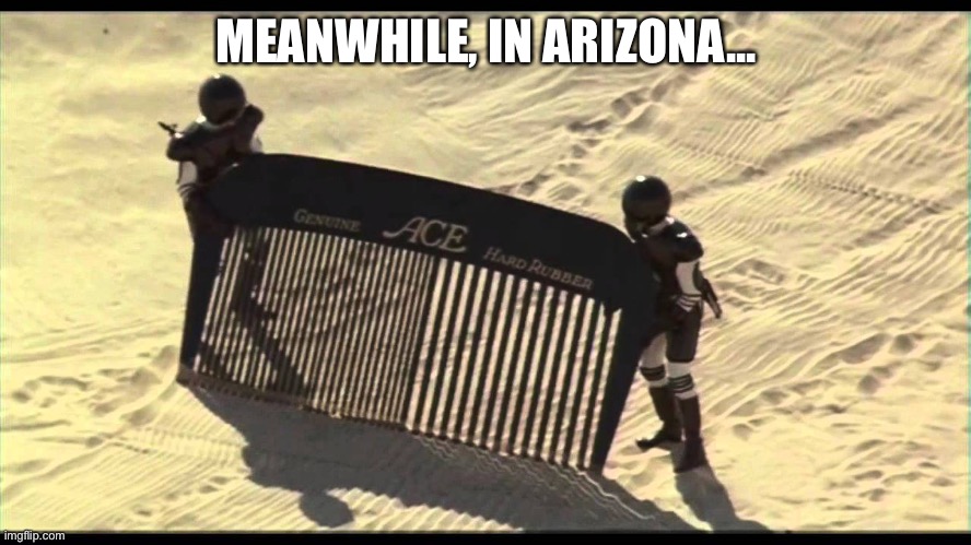 Arizona audit | MEANWHILE, IN ARIZONA... | image tagged in spaceballs desert comb,election 2020 | made w/ Imgflip meme maker