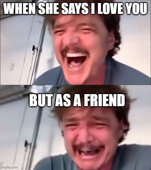 pedro meme | WHEN SHE SAYS I LOVE YOU; BUT AS A FRIEND | image tagged in pedro,meme | made w/ Imgflip meme maker