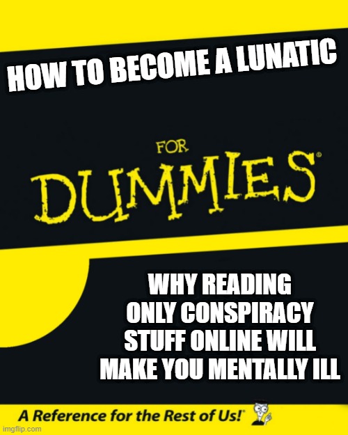 Conspiracy sickness | HOW TO BECOME A LUNATIC; WHY READING ONLY CONSPIRACY STUFF ONLINE WILL MAKE YOU MENTALLY ILL | image tagged in for dummies | made w/ Imgflip meme maker