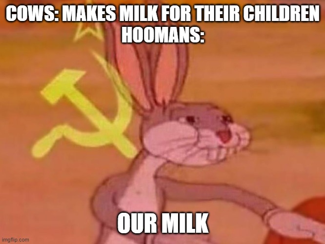 M I L K I S L I F E | COWS: MAKES MILK FOR THEIR CHILDREN
HOOMANS:; OUR MILK | image tagged in bugs bunny comunista,milk | made w/ Imgflip meme maker