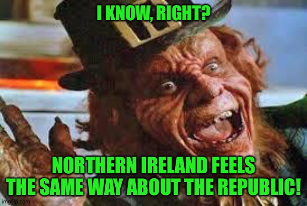 evil laughing Leprechaun | I KNOW, RIGHT? NORTHERN IRELAND FEELS THE SAME WAY ABOUT THE REPUBLIC! | image tagged in evil laughing leprechaun | made w/ Imgflip meme maker