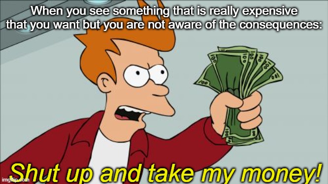 Shut Up And Take My Money Fry | When you see something that is really expensive that you want but you are not aware of the consequences:; Shut up and take my money! | image tagged in memes,shut up and take my money fry | made w/ Imgflip meme maker