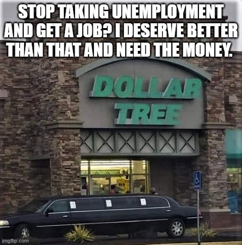 Stop Unemployment? | STOP TAKING UNEMPLOYMENT AND GET A JOB? I DESERVE BETTER THAN THAT AND NEED THE MONEY. | image tagged in unemployment,professionals have standards,free market | made w/ Imgflip meme maker