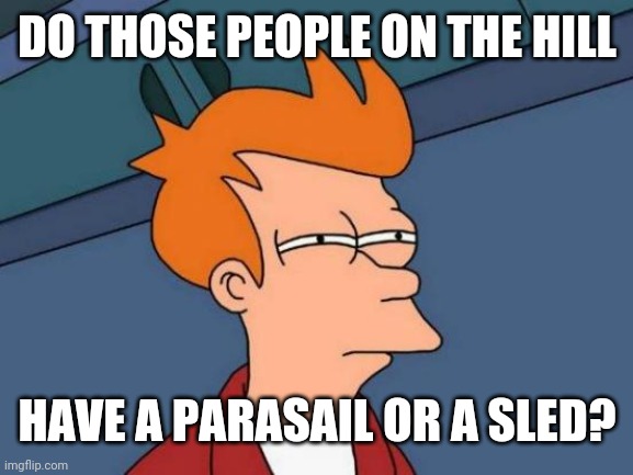 Futurama Fry Meme | DO THOSE PEOPLE ON THE HILL HAVE A PARASAIL OR A SLED? | image tagged in memes,futurama fry | made w/ Imgflip meme maker