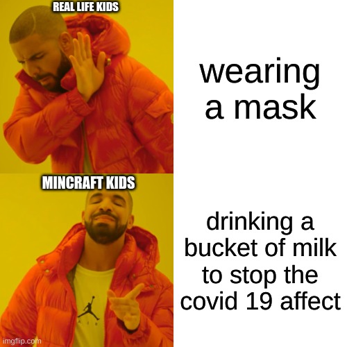 minecraft vs real life | REAL LIFE KIDS; wearing a mask; MINCRAFT KIDS; drinking a bucket of milk to stop the covid 19 affect | image tagged in memes | made w/ Imgflip meme maker