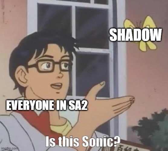 Sonic Adventure 2 in a nutshell | SHADOW; EVERYONE IN SA2; Is this Sonic? | image tagged in memes,is this a pigeon | made w/ Imgflip meme maker