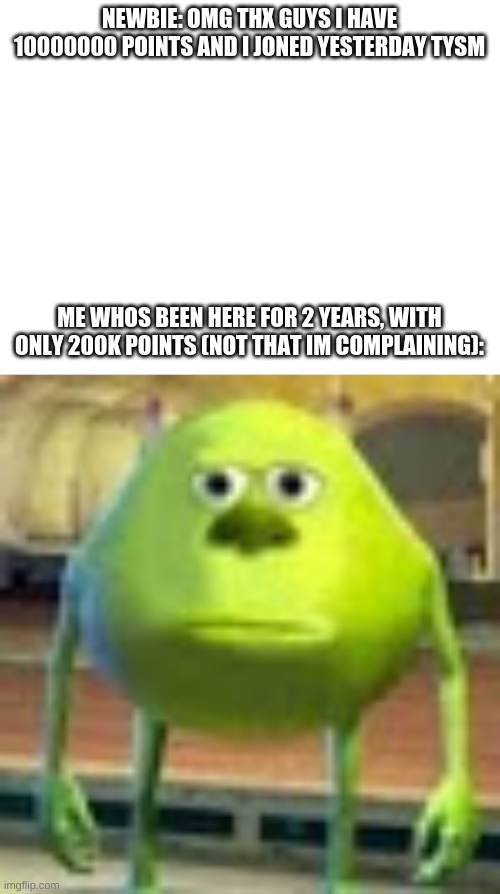 NEWBIE: OMG THX GUYS I HAVE 10000000 POINTS AND I JONED YESTERDAY TYSM; ME WHOS BEEN HERE FOR 2 YEARS, WITH ONLY 200K POINTS (NOT THAT IM COMPLAINING): | image tagged in blank white template,sully wazowski | made w/ Imgflip meme maker