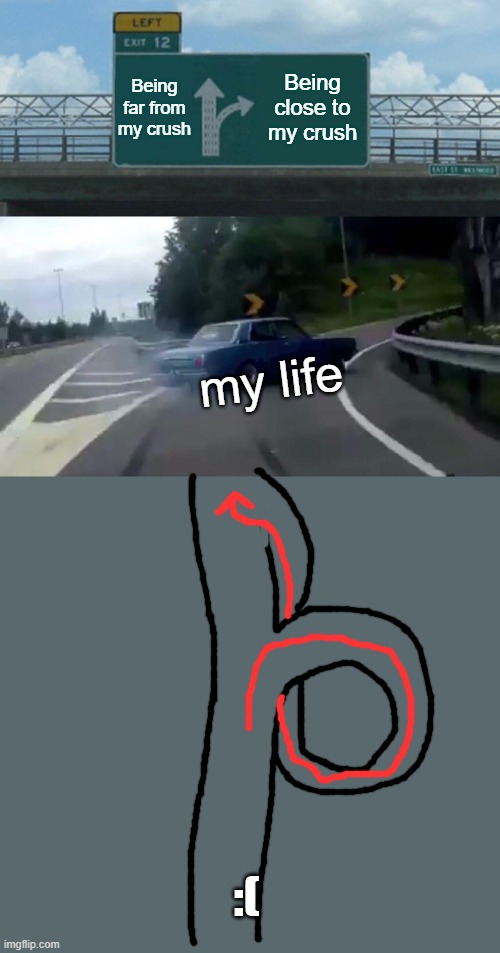 My life is so bad | Being far from my crush; Being close to my crush; my life; :( | image tagged in memes,left exit 12 off ramp | made w/ Imgflip meme maker