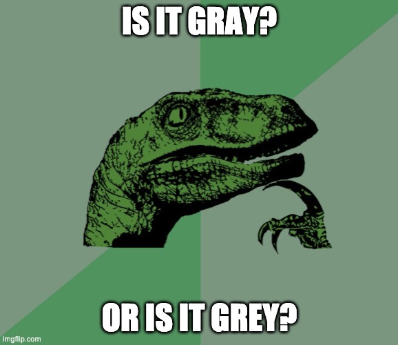who knows!? | IS IT GRAY? OR IS IT GREY? | image tagged in dino think dinossauro pensador,memes,funny,big brain,or is it | made w/ Imgflip meme maker