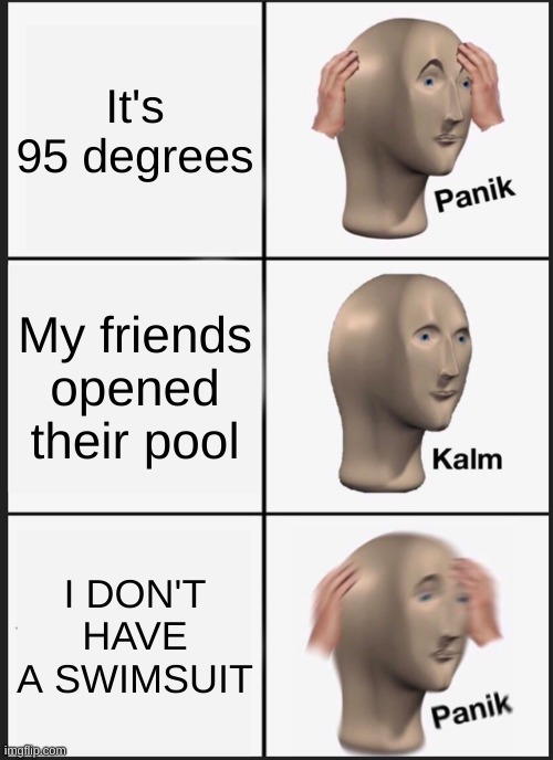 RE | It's 95 degrees; My friends opened their pool; I DON'T HAVE A SWIMSUIT | image tagged in memes,panik kalm panik | made w/ Imgflip meme maker