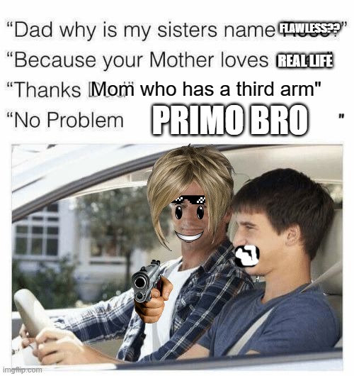 why did bro swear | FLAWLESS?? REAL LIFE; Mom who has a third arm"; PRIMO BRO | image tagged in why is my sister's name rose | made w/ Imgflip meme maker