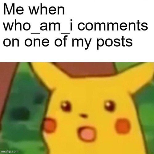 A legend found me..... | Me when who_am_i comments on one of my posts | image tagged in memes,surprised pikachu,who am i | made w/ Imgflip meme maker