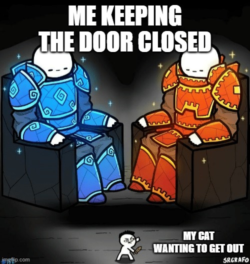 Two giants looking at a small guy | ME KEEPING THE DOOR CLOSED; MY CAT WANTING TO GET OUT | image tagged in two giants looking at a small guy | made w/ Imgflip meme maker