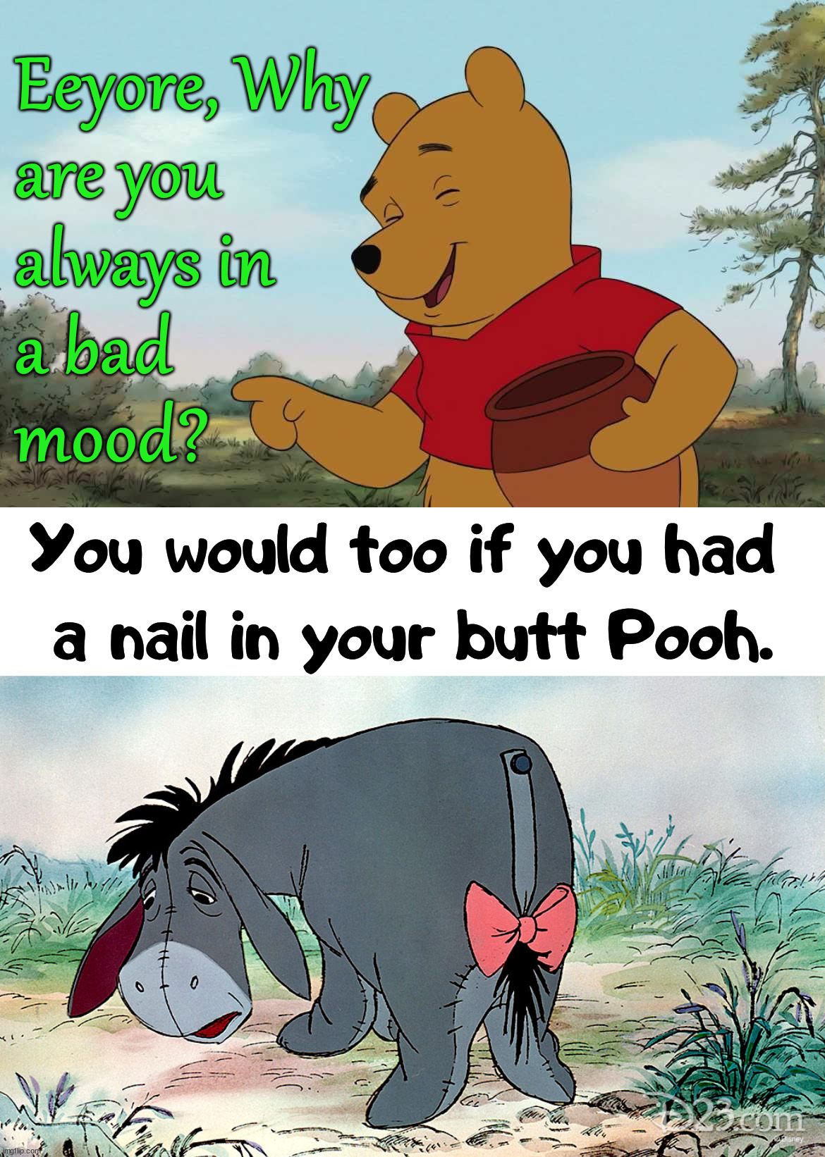 I think it would make me kind of grumpy too. |  Eeyore, Why 
are you 
always in 
a bad 
mood? You would too if you had 
a nail in your butt Pooh. | image tagged in pooh,eeyore,moody,oh god why | made w/ Imgflip meme maker