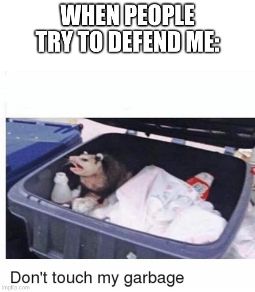 Don't touch my garbage | WHEN PEOPLE TRY TO DEFEND ME: | image tagged in don't touch my garbage | made w/ Imgflip meme maker