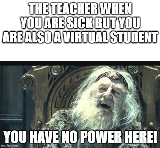 Because you can just do school at home! | THE TEACHER WHEN YOU ARE SICK BUT YOU ARE ALSO A VIRTUAL STUDENT; YOU HAVE NO POWER HERE! | image tagged in you have no power here template | made w/ Imgflip meme maker